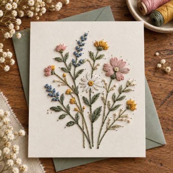 Tarjeta bordada con ramo de flores silvestres