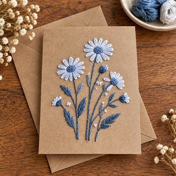 Tarjeta bordada con margaritas en papel kraft