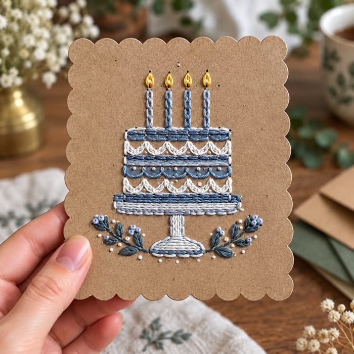 Tarjeta bordada con diseño de torta de cumpleaños