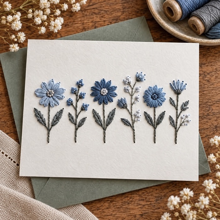 Tarjeta bordada con hilera de flores azules