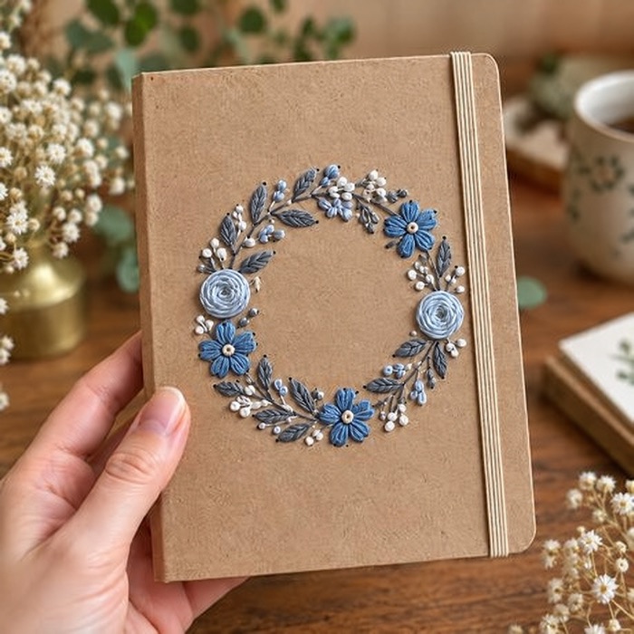 Libreta con corona de flores bordada en la tapa