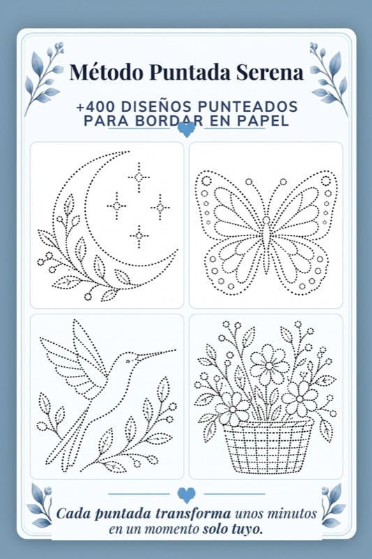 Página de muestra: luna, mariposa, colibrí y maceta punteados para bordar