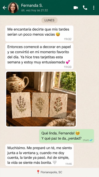 Conversación de WhatsApp con Fernanda contando su experiencia bordando en papel