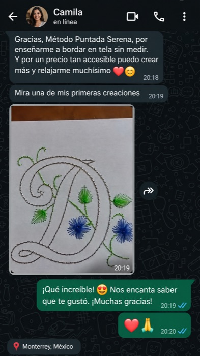 Conversación de WhatsApp con Valeria mostrando marcadores de página bordados